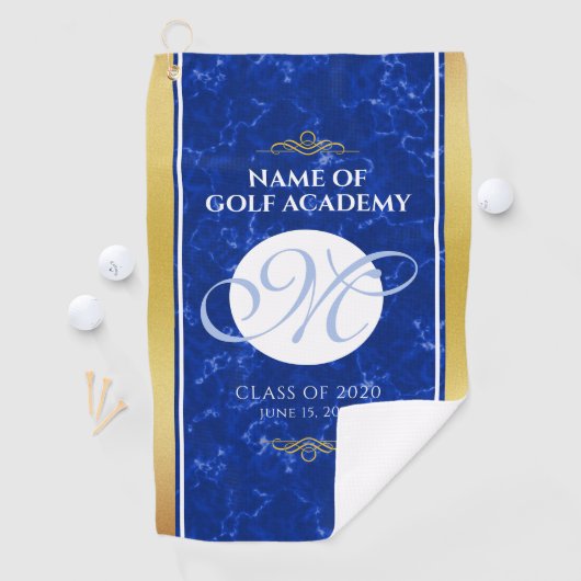 Elegant Afstuderen Monogram Blue Marble Gold Foil Golfhanddoek (Insitu)