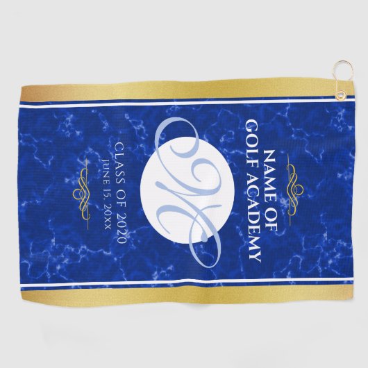 Elegant Afstuderen Monogram Blue Marble Gold Foil Golfhanddoek (Horizontaal)