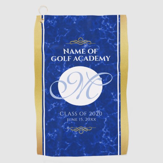 Elegant Afstuderen Monogram Blue Marble Gold Foil Golfhanddoek (Voorkant)