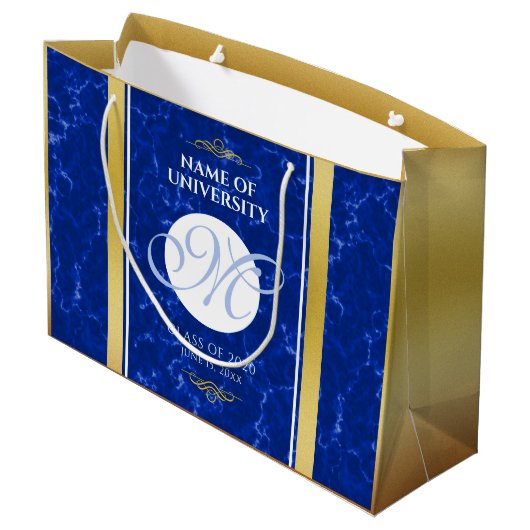Elegant Afstuderen Monogram Blue Marble Gold Foil Groot Cadeauzakje (Achterkant Gekanteld)