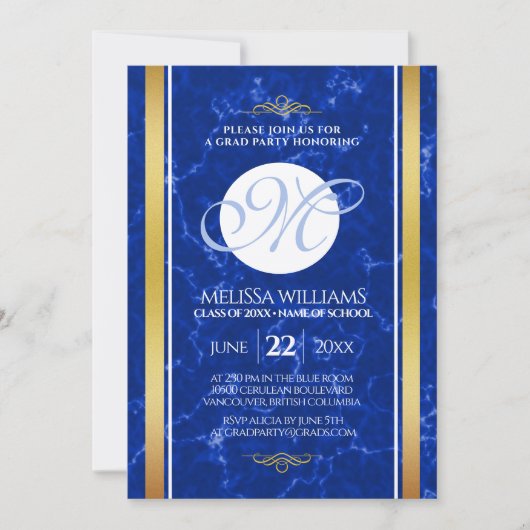 Elegant Afstuderen Monogram Blue Marble Gold Foil Kaart (Voorkant)