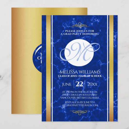 Elegant Afstuderen Monogram Blue Marble Gold Foil Kaart (Voorkant / Achterkant)