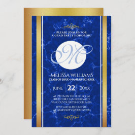 Elegant Afstuderen Monogram Blue Marble Gold Foil Kaart