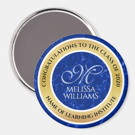 Elegant Afstuderen Monogram Blue Marble Gold Foil Magneet (Voorkant / Achterkant)