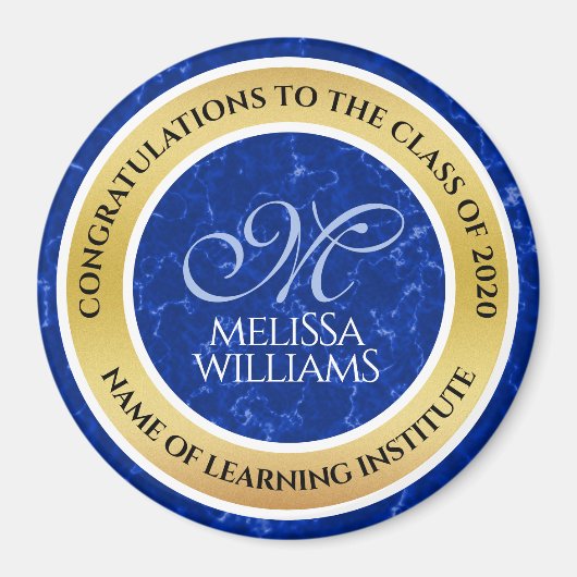 Elegant Afstuderen Monogram Blue Marble Gold Foil Magneet (Voorkant)