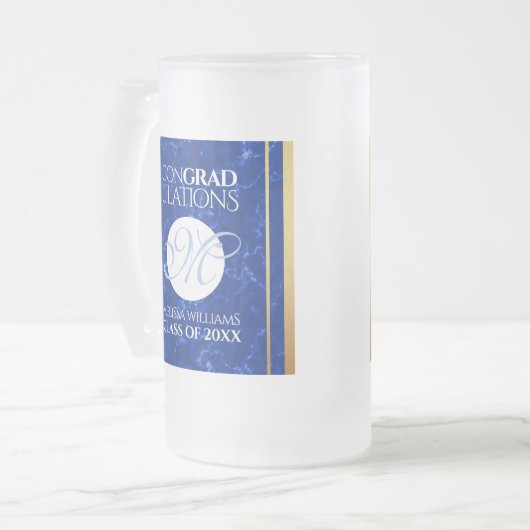Elegant Afstuderen Monogram Blue Marble Gold Foil Matglas Bierpul (Voorkant links)