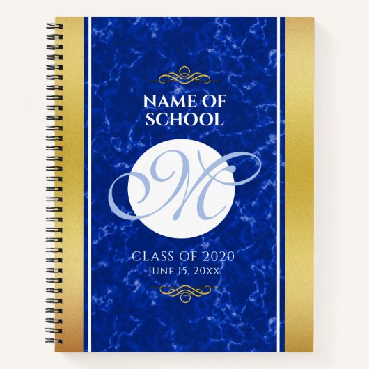 Elegant Afstuderen Monogram Blue Marble Gold Foil Notitieboek (Voorkant)