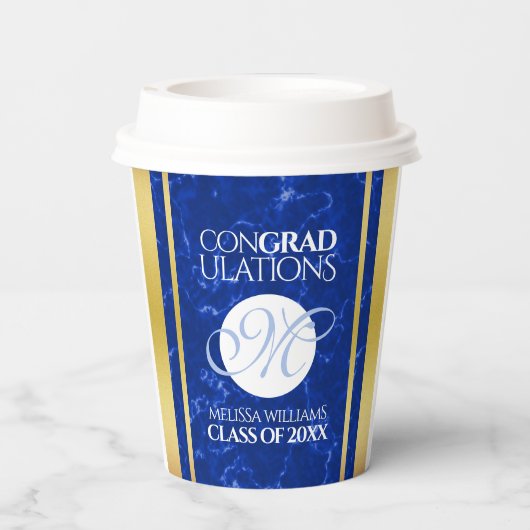 Elegant Afstuderen Monogram Blue Marble Gold Foil Papieren Bekers (Achterkant)