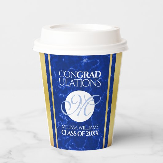 Elegant Afstuderen Monogram Blue Marble Gold Foil Papieren Bekers (Voorkant)