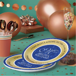 Elegant Afstuderen Monogram Blue Marble Gold Foil Papieren Bordje