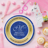 Elegant Afstuderen Monogram Blue Marble Gold Foil Papieren Bordje (Feest)