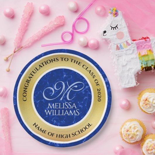 Elegant Afstuderen Monogram Blue Marble Gold Foil Papieren Bordje (Feest)