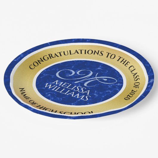 Elegant Afstuderen Monogram Blue Marble Gold Foil Papieren Bordje (Gekanteld)