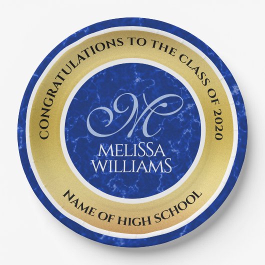 Elegant Afstuderen Monogram Blue Marble Gold Foil Papieren Bordje (Voorkant)