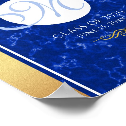 Elegant Afstuderen Monogram Blue Marble Gold Foil Poster (Hoek)