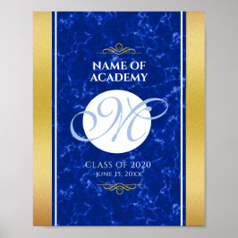 Elegant Afstuderen Monogram Blue Marble Gold Foil Poster