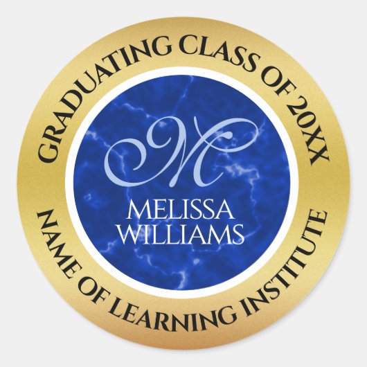 Elegant Afstuderen Monogram Blue Marble Gold Foil Ronde Sticker (Voorkant)
