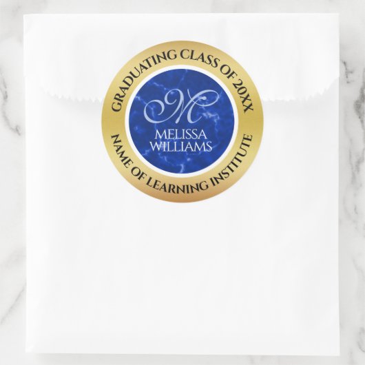 Elegant Afstuderen Monogram Blue Marble Gold Foil Ronde Sticker (Tas)