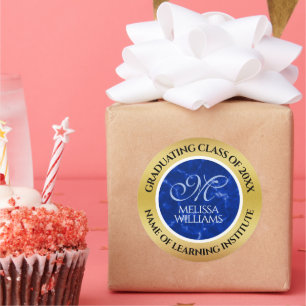 Elegant Afstuderen Monogram Blue Marble Gold Foil Ronde Sticker