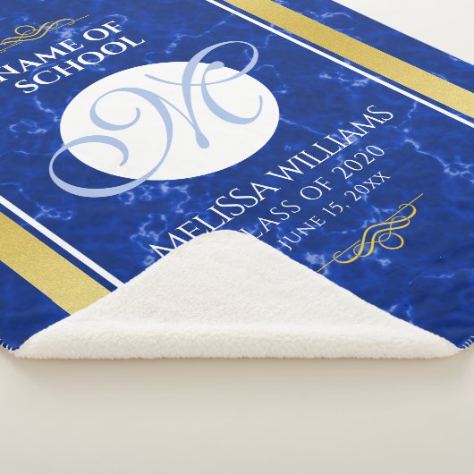 Elegant Afstuderen Monogram Blue Marble Gold Foil Sherpa Deken (3/4)