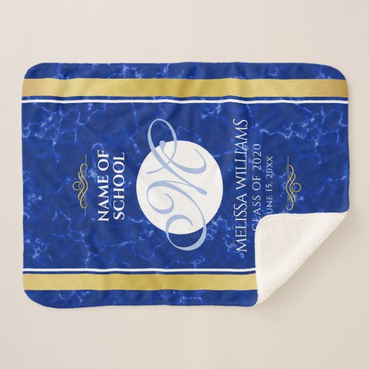 Elegant Afstuderen Monogram Blue Marble Gold Foil Sherpa Deken (Voorkant (horizontaal))