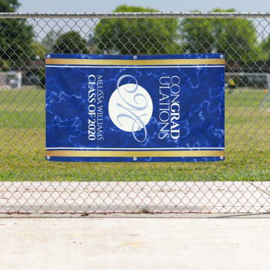 Elegant Afstuderen Monogram Blue Marble Gold Foil Spandoek (Insitu)