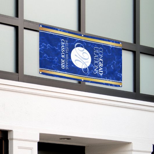 Elegant Afstuderen Monogram Blue Marble Gold Foil Spandoek (Buitenkant Gebouw)