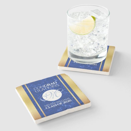 Elegant Afstuderen Monogram Blue Marble Gold Foil Stenen Onderzetter (Zijkant)