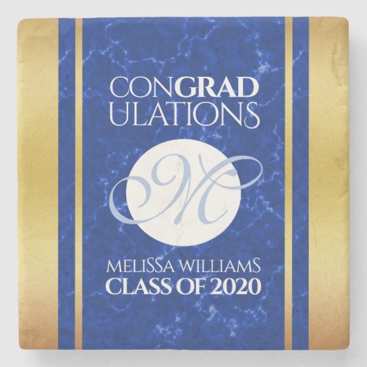 Elegant Afstuderen Monogram Blue Marble Gold Foil Stenen Onderzetter (Voorkant)