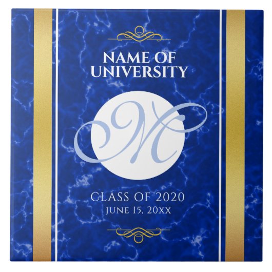 Elegant Afstuderen Monogram Blue Marble Gold Foil Tegeltje (Voorkant)