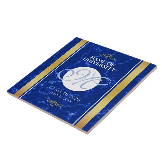 Elegant Afstuderen Monogram Blue Marble Gold Foil Tegeltje (Zijkant)