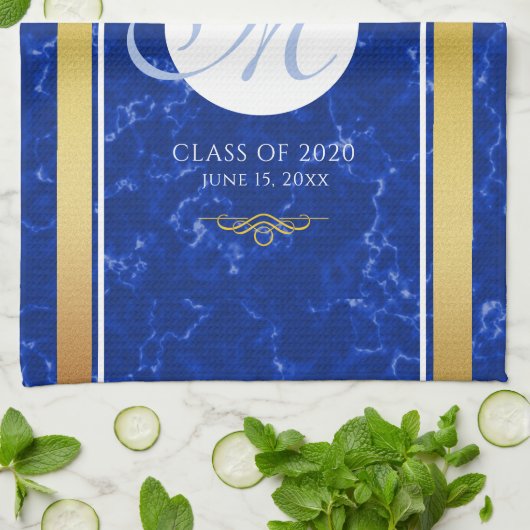 Elegant Afstuderen Monogram Blue Marble Gold Foil Theedoek (Gevouwen)