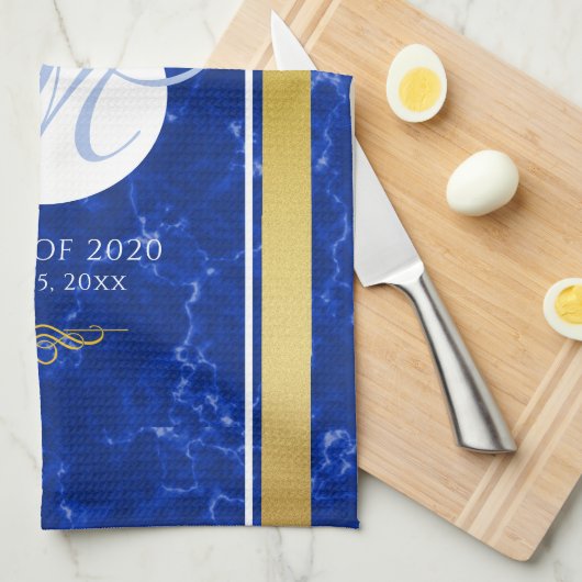 Elegant Afstuderen Monogram Blue Marble Gold Foil Theedoek (Quarter Fold)