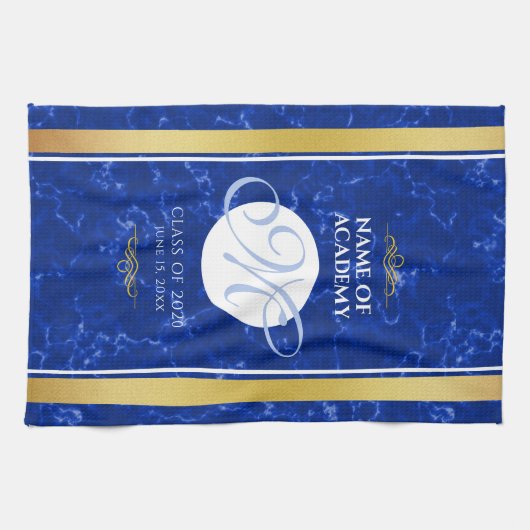 Elegant Afstuderen Monogram Blue Marble Gold Foil Theedoek (Horizontaal)