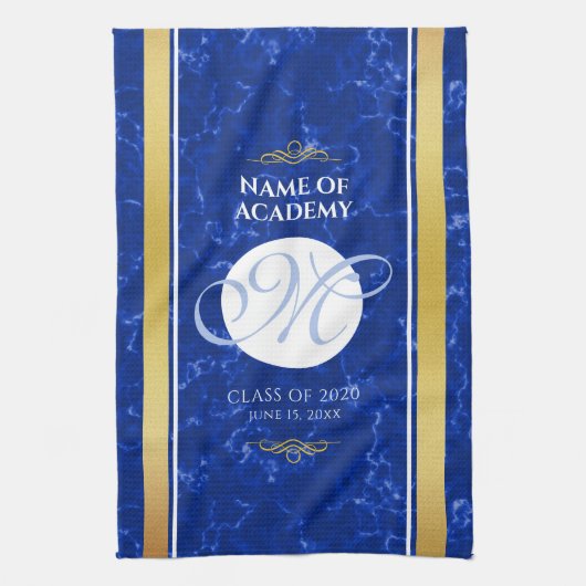 Elegant Afstuderen Monogram Blue Marble Gold Foil Theedoek (Verticaal)