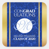 Elegant Afstuderen Monogram Blue Marble Gold Foil Vierkante Sticker (Voorkant)