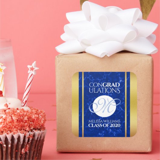 Elegant Afstuderen Monogram Blue Marble Gold Foil Vierkante Sticker (Feest)