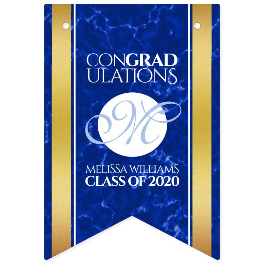 Elegant Afstuderen Monogram Blue Marble Gold Foil Vlaggetjes (Tweede vlag)
