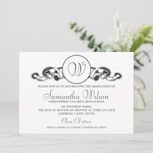 Elegant Afstuderen Monogram Ribbon Black Kaart (Staand voorkant)