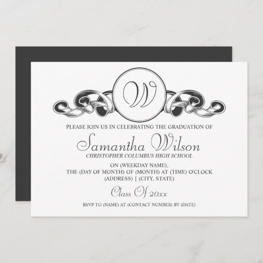 Elegant Afstuderen Monogram Ribbon Black Kaart (Voorkant / Achterkant)