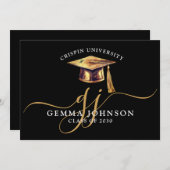 Elegant Afstuderen Naam Gold Monogram Zwart Aankondiging (Voorkant / Achterkant)