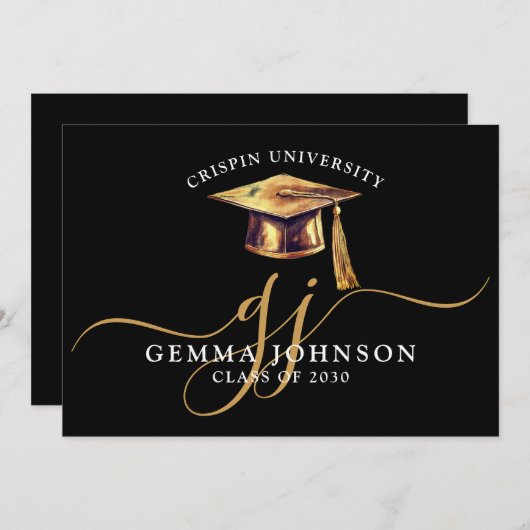 Elegant Afstuderen Naam Gold Monogram Zwart Aankondiging (Voorkant / Achterkant)