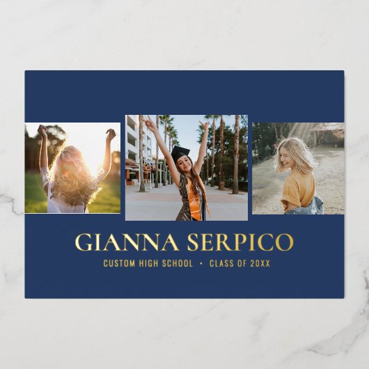 Elegant Afstuderen Name Folie Invitation in Navy Folie Uitnodiging (Voorkant)