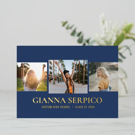 Elegant Afstuderen Name Folie Invitation in Navy Folie Uitnodiging (Staand Voorkant)