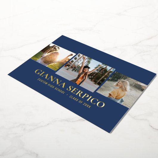 Elegant Afstuderen Name Folie Invitation in Navy Folie Uitnodiging (Gedraaid)