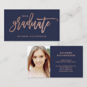 Elegant Afstuderen Navy Blue Photo Insert Name Car Contactkaartje (Voorkant / Achterkant)