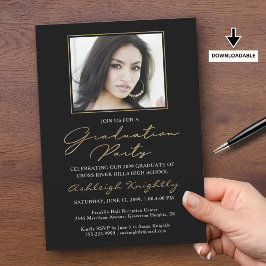 Elegant Afstuderen One Photo Black Gold Script Kaart
