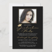 Elegant Afstuderen One Photo Zwart Goud Script Pet Kaart (Voorkant)