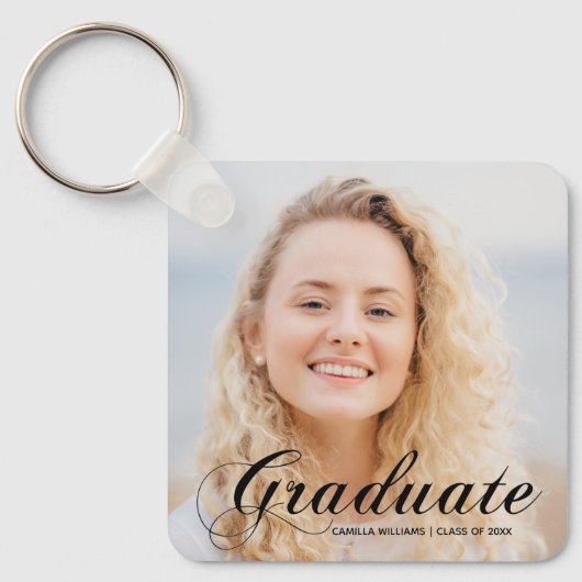Elegant Afstuderen Photo Custom Flourish Script Sleutelhanger (Voorkant)
