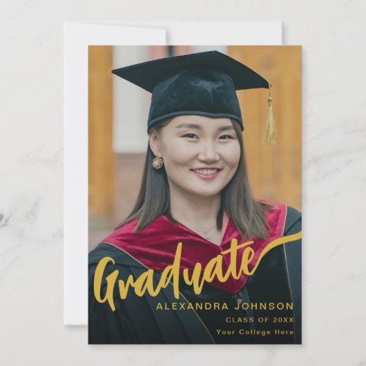 Elegant Afstuderen Photo Gold Script Zwart Aankondiging (Voorkant)